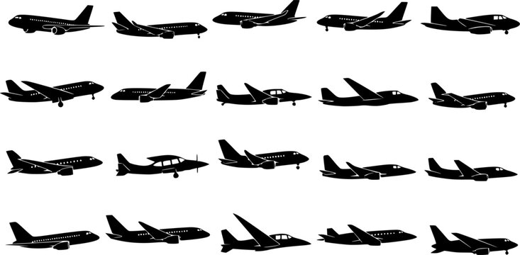 Aircraft flight icon set, jet plane silhouette, aviation vector.