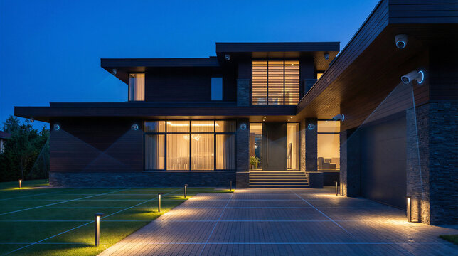 Comprehensive home security system visualization with multiple CCTV cameras and a digital laser perimeter grid protecting a luxury modern mansion at night.