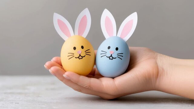 Hand holding two pastel Easter eggs decorated as cute bunny faces with paper ears on soft background. Creative spring holiday decoration and festive symbol.