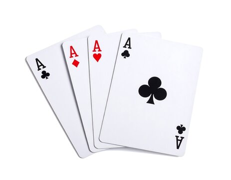 Four Ace playing cards fanned out showing the red and black suits on white