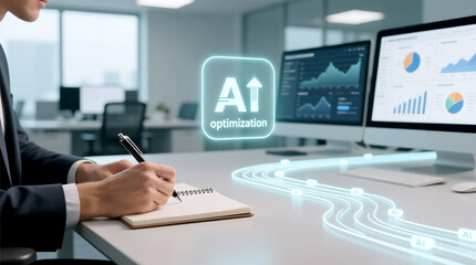Professional's hands in modern corporate office meticulously plan business ai innovation growth leveraging digital pathways and data visualization for process optimization