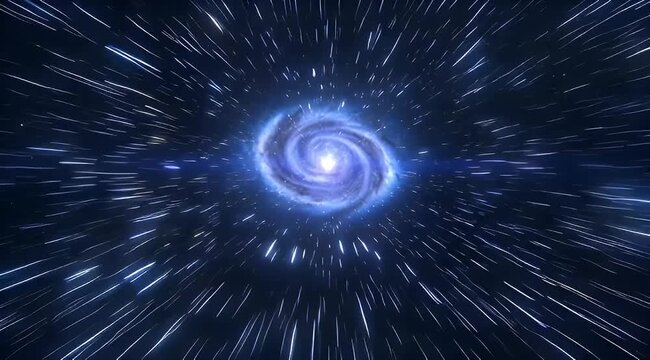Dramatic hyperdrive hyperspace jump through a spiral galaxy at light speed travel