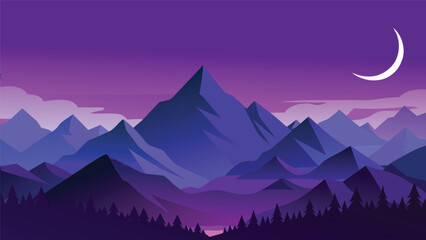 A purple mountain range with a crescent moon in the sky © CreativeKamrul