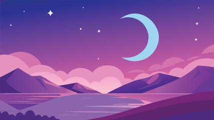 A serene mountain landscape under a crescent moon © CreativeKamrul