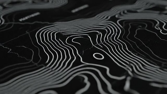 Abstract Topographic Map with White Contour Lines on Black Background