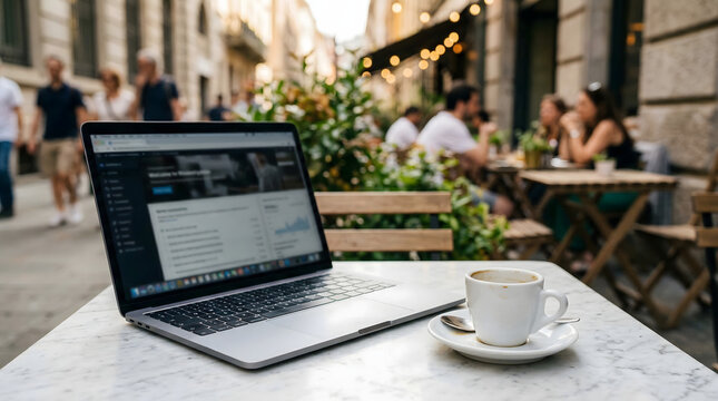 Laptop and espresso on marble table at outdoor European cafe, Digital nomad workspace at sidewalk cafe with blurred people in background, Remote work setup with laptop and coffee at sunlit street cafe