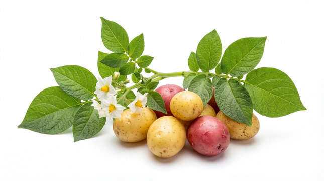 Red and yellow potato with leaf and flower isolated on white background.