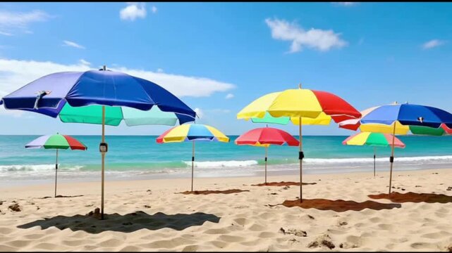 A colorful beach umbrellas stands firmly in the gentle breeze on the sand as waves wash over its base and wind, creating a mesmerizing blend of colors and textures