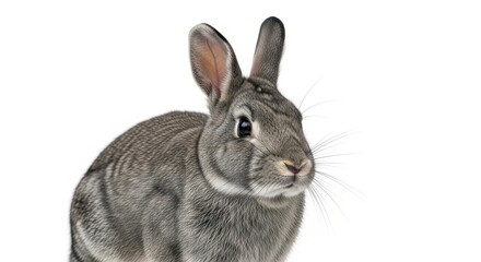 A close-up studio portrait of a small grey rabbit standing against a plain white background area