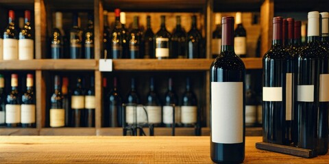 Naklejka premium Wine bottles displayed on wooden shelves, dimly lit interior. Focus is front row, blank labels visible. Warm tones dominate scene.