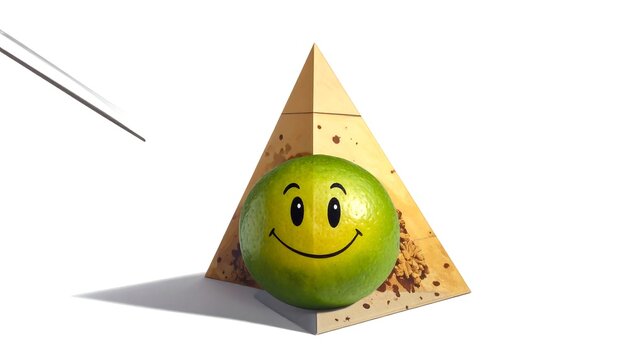 Grinning lime leans against a tan pyramid; tweezer above, all on white with drop shadow