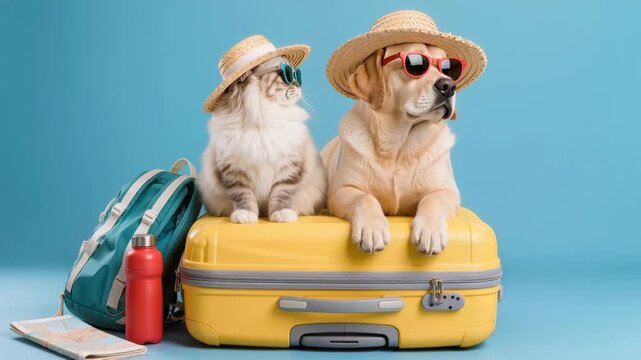 Cat and dog wearing straw hats and sunglasses sitting on a yellow suitcase with backpack, bottle and map nearby. Humorous travel and summer vacation concept.