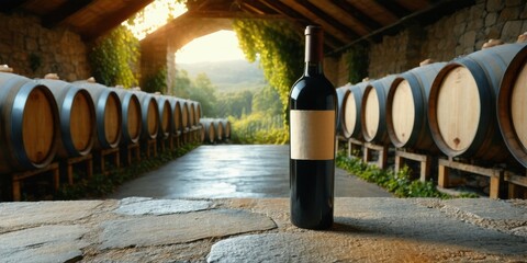 Naklejka premium Wine bottle rests amid cellar barrels. Stone walls frame distant landscape. Warm light highlights rustic textures, creating inviting scene.