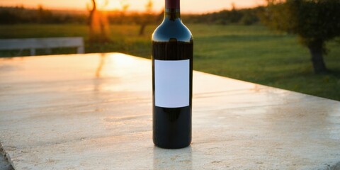 Naklejka premium Red wine bottle rests upon stone surface. Sunset provides warm light, blurred background shows greenery. Simple presentation, elegant mood.