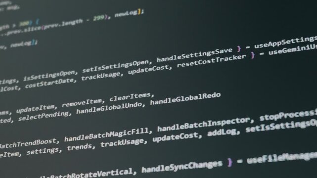 Lines of colorful Javascript code scroll continuously across a dark computer monitor screen. Concept of vibe coding, artificial intelligence software development, and modern programming flow