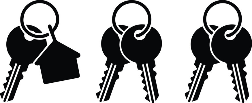 Minimalist house key icon set with keychain and silhouette keys arranged horizontally in clean black and white design