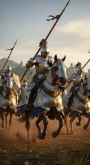 Fototapeta premium Knights on horseback with spears charging into battle, armored soldiers riding across a dusty field for medieval warfare reenactment.