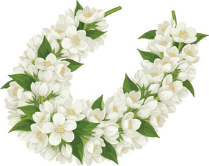 Obraz premium A beautiful floral arrangement in the shape of a crescent moon made of white flowers and green leaves on a plain white background.