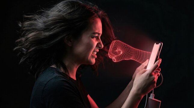 An angry woman reacts to a glowing wireframe fist emerging from her smartphone screen. This depicts cyberbullying, online aggression, or rage bait. Useful for articles on internet safety.