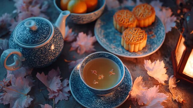 Traditional Chinese tea set with mooncakes and autumn leaves