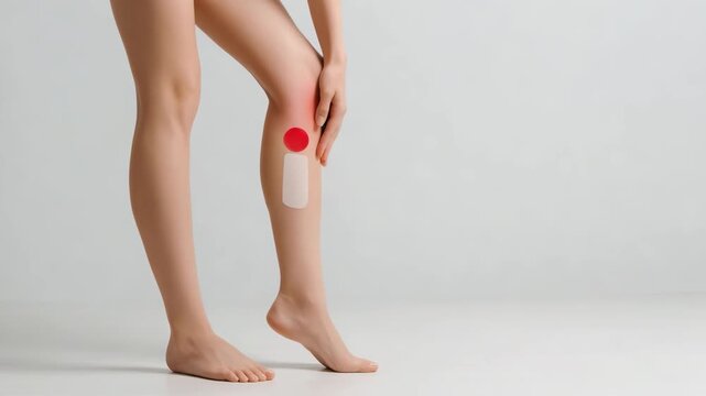 Woman's leg with a red pain indicator and a cooling or healing adhesive patch applied to the calf area after varicose vein treatment.