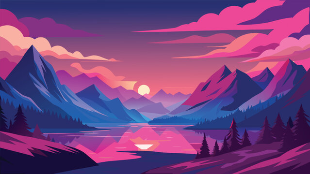 A serene mountain landscape at sunset