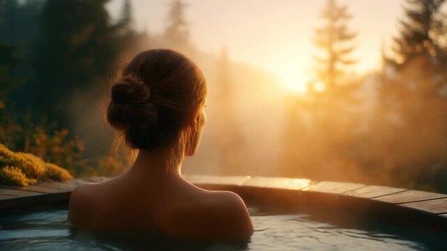 Woman relaxing in outdoor wooden hot tub at sunset in pine forest