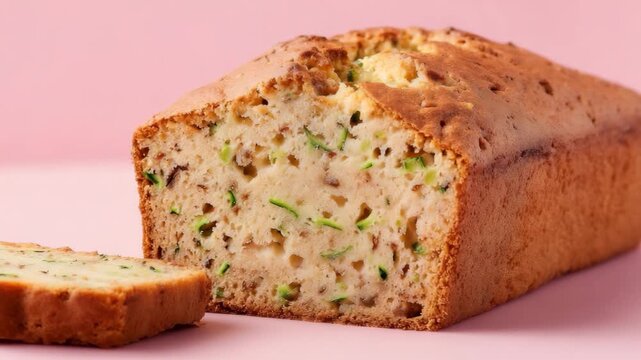 Freshly baked zucchini bread loaf with green flecks on pink background