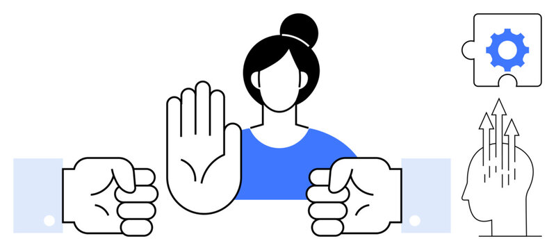 Conflict resolution. Visualizes a stop gesture, teamwork puzzle, and goal-oriented growth. Conflict resolution enhances collaboration, communication, and professional success. For HR, education