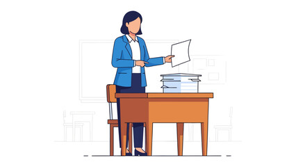 Fototapeta premium Teacher's Office Task: An illustration of a teacher organizing documents. The scene portrays a teacher meticulously managing paperwork in a tidy office environment.