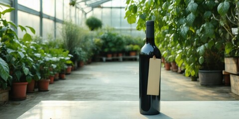 Naklejka premium Wine bottle stands amidst lush greenhouse plants. Sunlight filters through glass creating soft shadows. Minimalist presentation, focus on product.
