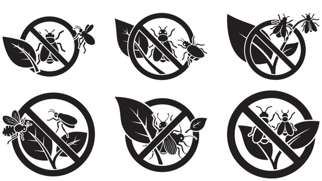 Natural Pest Control Icon With Insect And Leaf &mdash; Minimal Black-and-White Solid Silhouette, Flat Vector, Isolated On White
