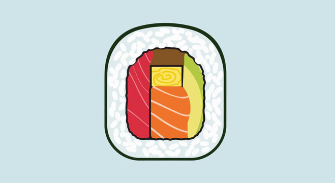 Delicious Sushi Roll with Salmon, Tuna, Avocado, and Egg on Light Blue Background