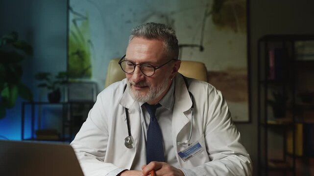Friendly man pediatrician consulting patient online, pleased with therapy result