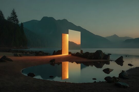 Abstract mirrors reflect sunset light on a tranquil lake shore installation reflection