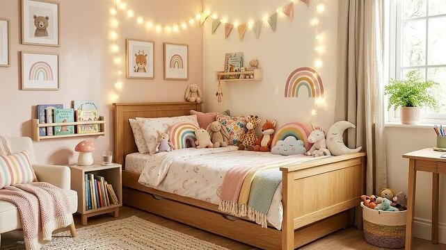 Cozy Children's Bedroom Interior with Wooden Bed, Stuffed Animals, and Rainbow Decor