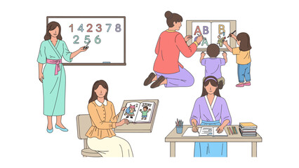 Fototapeta premium Early Education Ecosystem: A mosaic depicting teachers nurturing young minds through diverse activities, from number recognition to alphabet learning and creative expression. 