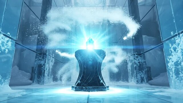 Mysterious glowing orb activates in ancient icy chamber.