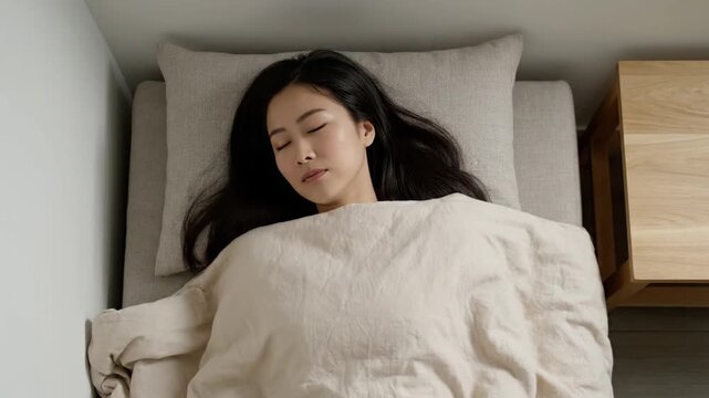 A young woman with long dark hair sleeps peacefully on a neatly made bed with beige bedding, positioned beside a wooden nightstand, in a minimalistic bedroom.