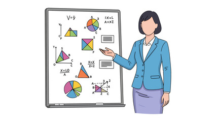 Mathematics Instruction: A teacher stands confidently beside a whiteboard filled with diagrams, guiding students through the intricacies of geometry © Rahimatul