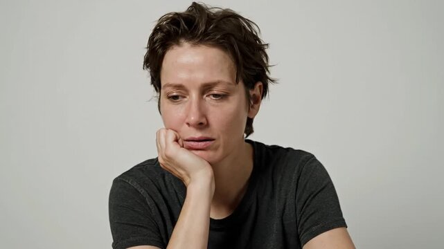 A woman with short curly hair in a black t-shirt displays emotional distress across multiple frames, showing sadness, contemplation, and tears, against a plain background.