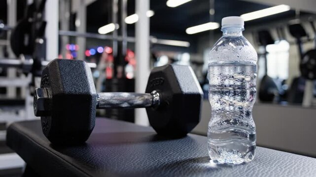 The video shows a heavy black dumbbell placed on a dark, textured gym bench, next to a clear plastic bottle filled with cold water that appears to be covered in refreshing dew.