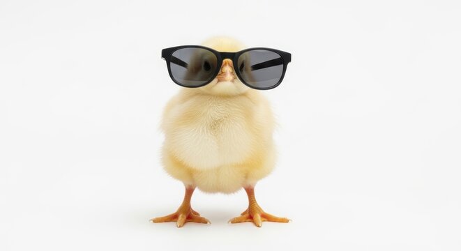 A cute fluffy yellow baby chick standing upright and wearing oversized black plastic sunglasses