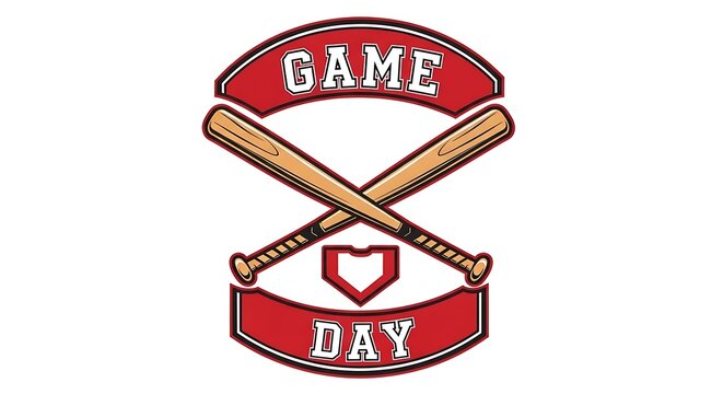 A vintage style graphic design featuring crossed baseball bats and the words game day in red