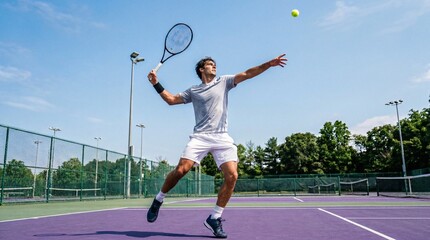 Obraz premium Athletic Man Serving Tennis Ball on Outdoor Court