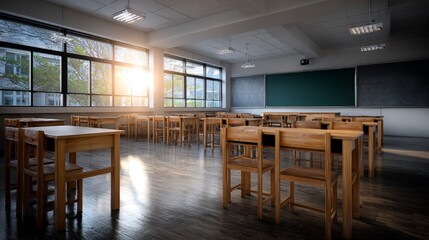 Sunlight Streaming into Classroom Interior During Early Morning Hours