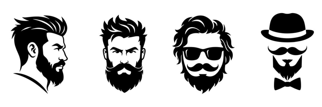 Set of four monochrome male icons featuring side profile, mustached beard, long hair with sunglasses, and a bowler hat gentleman disguise. Vintage barber collection concept.
