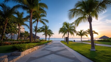 Fototapeta premium Tranquil Beachfront Walkway at Sunset with Palm Trees and Ocean View