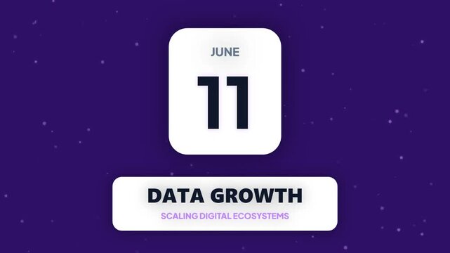 Data Growth Scaling Digital Ecosystems June 11 Calendar Date Animation with Purple Confetti