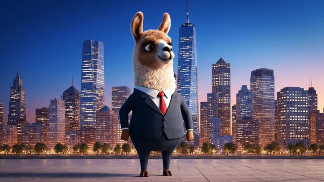 Llama in Business Suit Standing Before City Skyline at Night